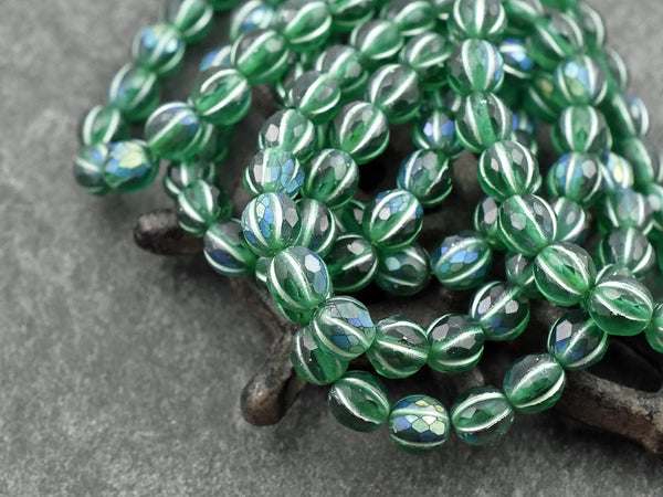 8mm Beads - Czech Glass Beads - Melon Beads - Faceted Melon - Emerald Green Beads - Round Beads - 8mm - 20pcs (5006)