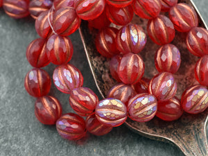 Czech Glass Beads - 10mm Melon Beads - Faceted Melon - Red Beads - Round Beads - 10mm - 12pcs (5115)