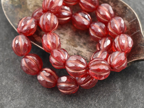 Czech Glass Beads - 10mm Beads - Faceted Melon - Red Beads - Round Beads - 10mm - 12pcs (2126)