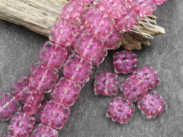 Flower Beads - Czech Glass Beads - Czech Glass Flowers - Picasso Beads - Square Flowers - 11mm Flower - 10pcs - (1140)