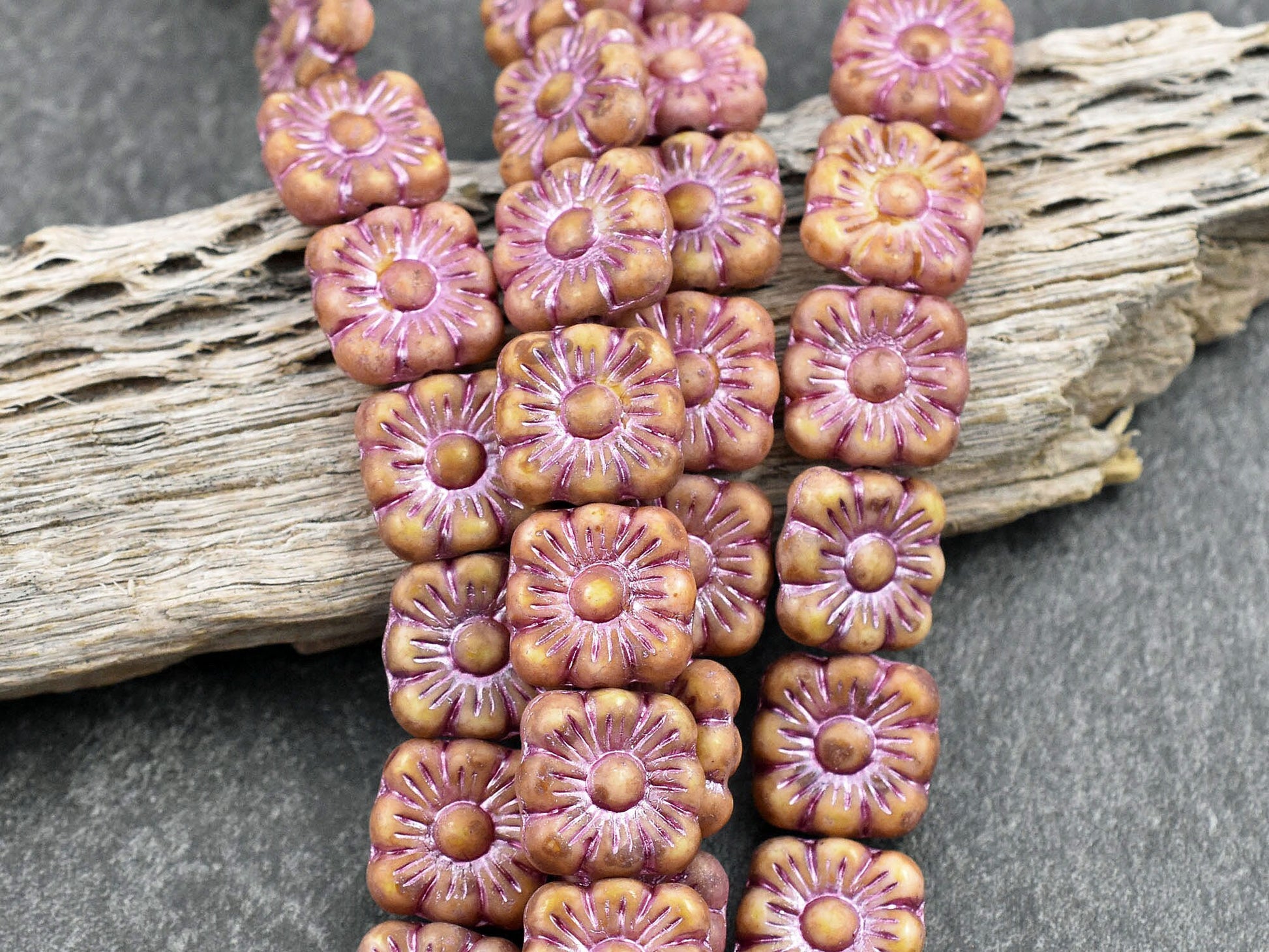 Flower Beads - Czech Glass Beads - Czech Glass Flowers - Picasso Beads - Square Flowers - 11mm Flower - 10pcs - (2271)