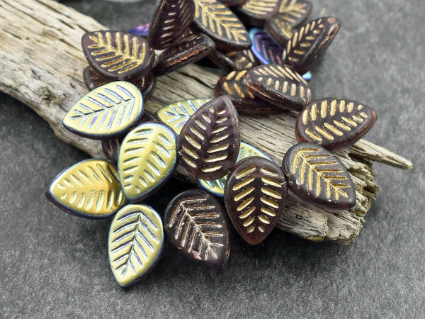 Czech Glass Beads - Leaf Beads - Picasso Beads -Top Drilled Leaf - Top Drilled Leaves - Top Hole - 16x12mm - 15pcs - (B295)