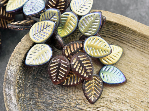 Czech Glass Beads - Leaf Beads - Picasso Beads -Top Drilled Leaf - Top Drilled Leaves - Top Hole - 16x12mm - 15pcs - (B295)