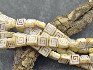Picasso Beads - Czech Glass Beads - Greek Key Beads - Tile Beads - Square Beads - 9mm - 12pcs - (945)