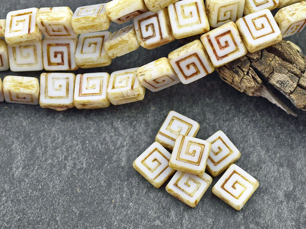 Picasso Beads - Czech Glass Beads - Greek Key Beads - Tile Beads - Square Beads - 9mm - 12pcs - (945)