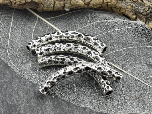 *6* 42x6mm Antique Silver Hammered Curved Beads