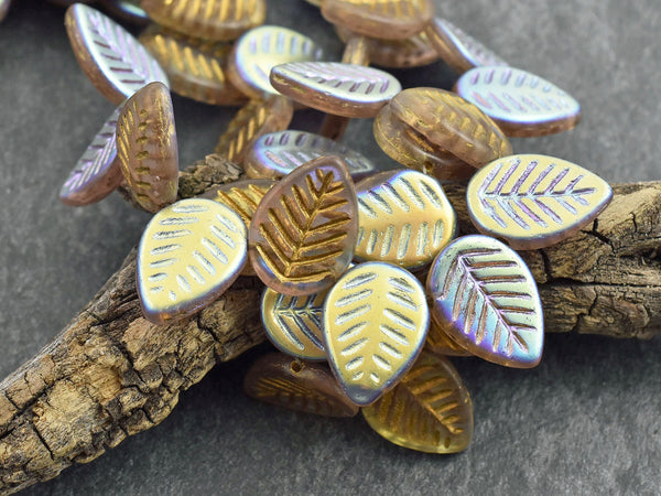Czech Glass Beads - Leaf Beads - Picasso Beads -Top Drilled Leaf - Top Drilled Leaves - Top Hole - 16x12mm - 15pcs - (1410)