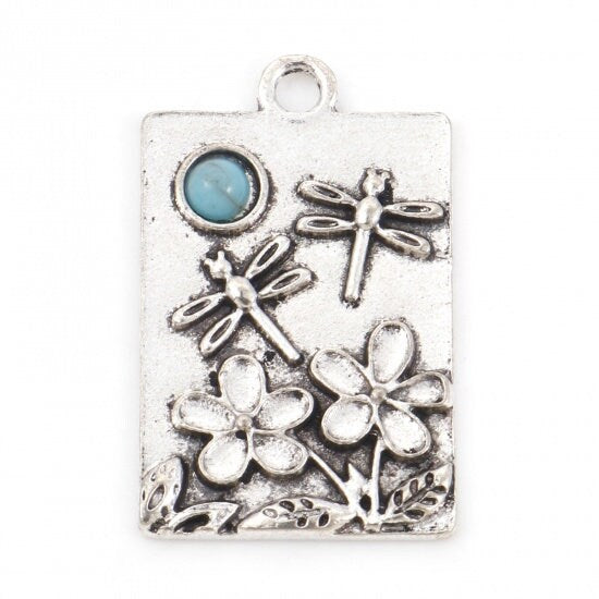 Dragonfly Charms - Floral Charms - Metal Charms - Silver Charms - Flower Charms - 30x19mm - 5pcs - (A118)