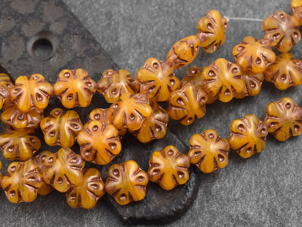 Czech Glass Beads - Picasso Beads - Flower Beads - Floral Beads - Orange Beads - 11mm - 10pcs - (2202)