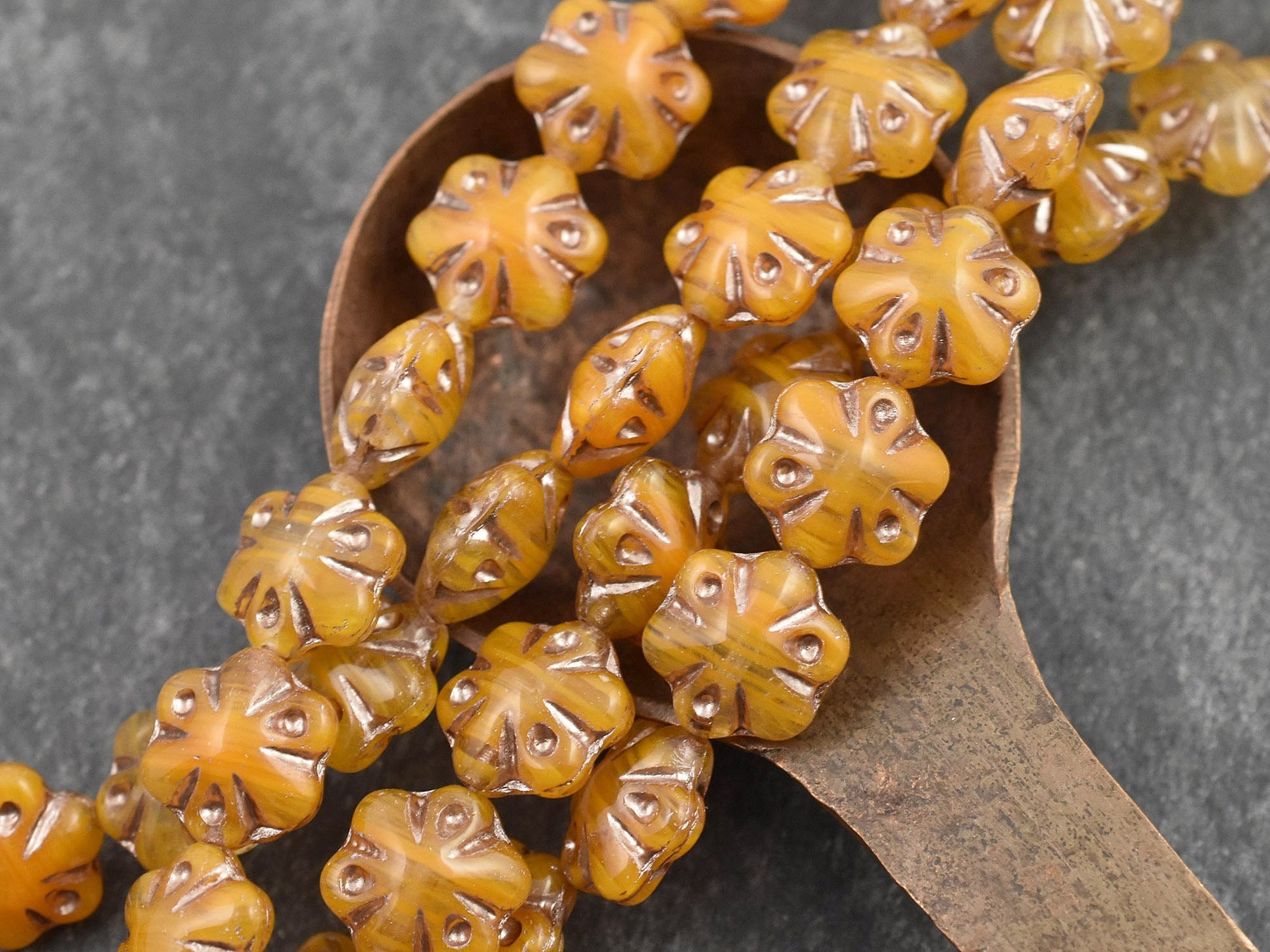 Czech Glass Beads - Picasso Beads - Flower Beads - Floral Beads - Orange Beads - 11mm - 10pcs - (1916)