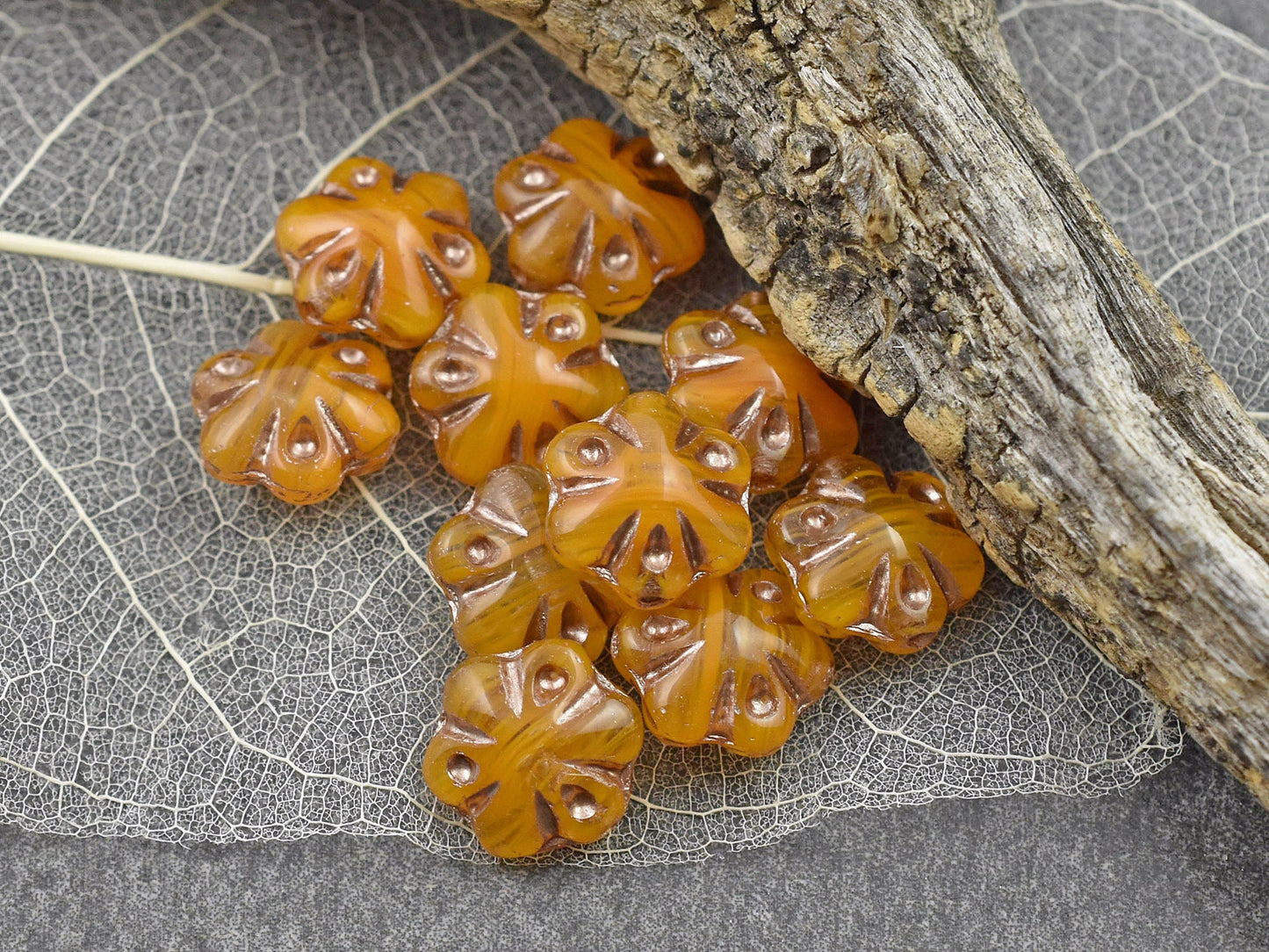 Czech Glass Beads - Picasso Beads - Flower Beads - Floral Beads - Orange Beads - 11mm - 10pcs - (1916)