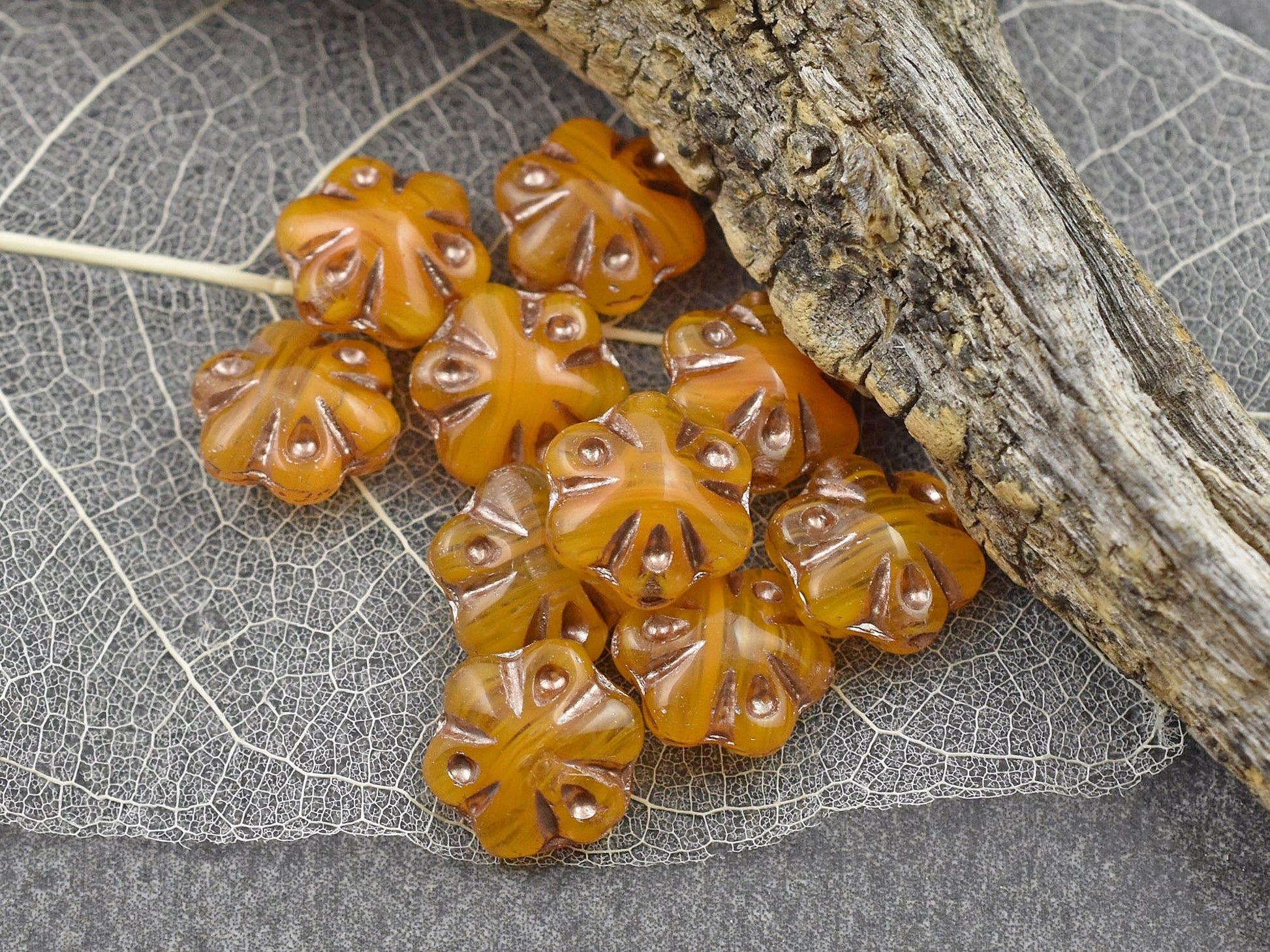 Czech Glass Beads - Picasso Beads - Flower Beads - Floral Beads - Orange Beads - 11mm - 10pcs - (1916)