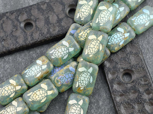 Czech Glass Beads - Turtle Beads - Picasso Beads - Sea Life Beads - Laser Tattoo Beads - 18x12mm - 6pcs - (1300)