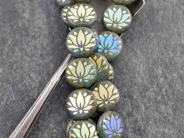 Czech Glass Beads - Lotus Flower Beads - Laser Etched Beads - Coin Beads - 13mm - 8pcs - (5084)