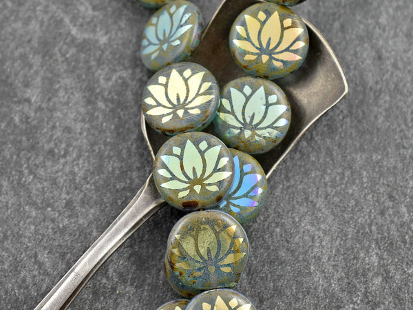 Czech Glass Beads - Lotus Flower Beads - Laser Etched Beads - Coin Beads - 13mm - 8pcs - (5084)