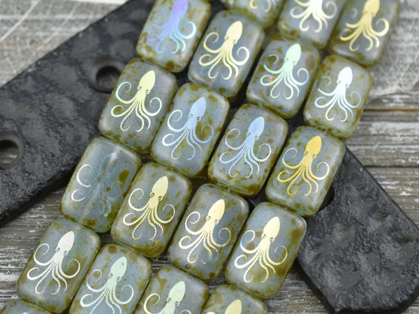 Czech Glass Beads - Picasso Beads - Laser Etched Beads - Sea Life Beads - Octopus Beads - 18x12mm - 6pcs (3870)