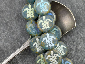 Czech Glass Beads - Turtle Beads - Laser Etched Beads - Coin Beads - 13mm - 8pcs - (3647)