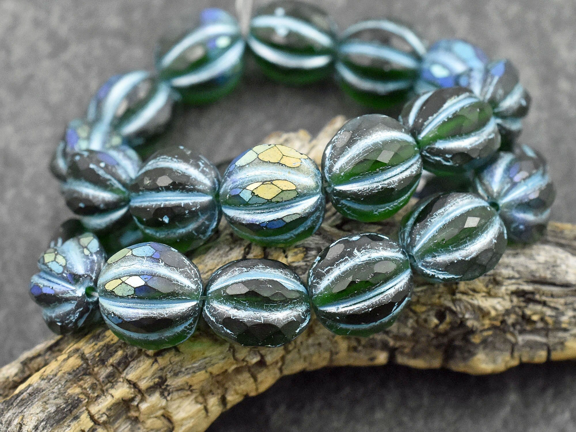 8mm Glass Beads Czech Green/turquoise 12pcs 