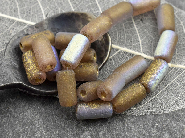 *10* 14x7mm Gold Washed Etched Brown Topaz AB Large Hole Tube Beads Czech Glass Beads by GR8BEADS - The Bead Obsession