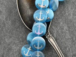 Czech Glass Beads - Laser Etched Beads - Nautical Beads - Anchor Beads - 14mm - 8pcs - (2846)