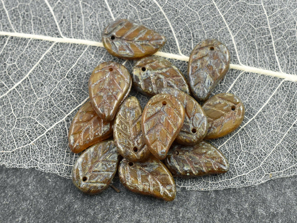 Picasso Beads - Top Hole Leaf - Czech Glass Beads - Leaf Beads - Top Drilled Leaf - 15x9mm- 25pcs - (A574)