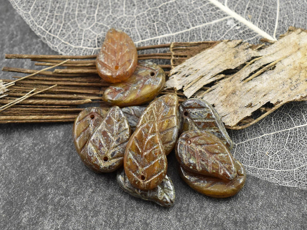 Picasso Beads - Top Hole Leaf - Czech Glass Beads - Leaf Beads - Top Drilled Leaf - 15x9mm- 25pcs - (A574)