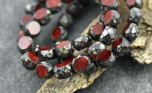 Picasso Beads - Czech Glass Beads - Round Beads - Table Cut Beads - 8mm Beads - Red Beads - 8mm - 15pcs - (1627)