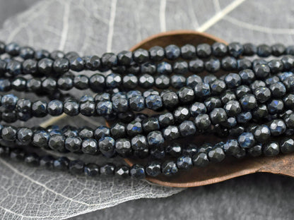 Czech Glass Beads - Picasso Beads - 4mm Beads - Fire Polished Beads - Dark Blue Beads - Round Beads - 50pcs - 4mm - (275)
