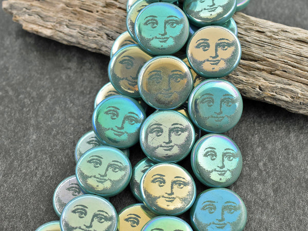 Czech Glass Beads - Moon Face Beads - Celestial Beads - Laser Etched Beads - Coin Beads - 14 or 17mm - 8pcs