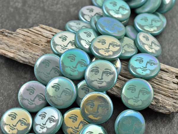 Czech Glass Beads - Moon Face Beads - Celestial Beads - Laser Etched Beads - Coin Beads - 14 or 17mm - 8pcs