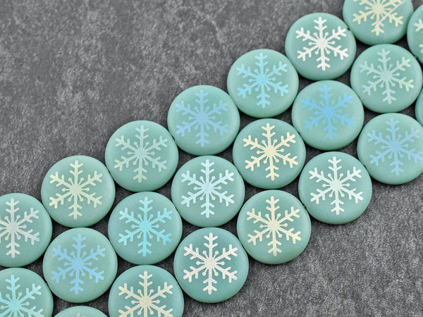 *8* 17mm Opaque Turquoise Satin AB Laser Tattoo Snowflake Coin Beads Czech Glass Beads by GR8BEADS - The Bead Obsession