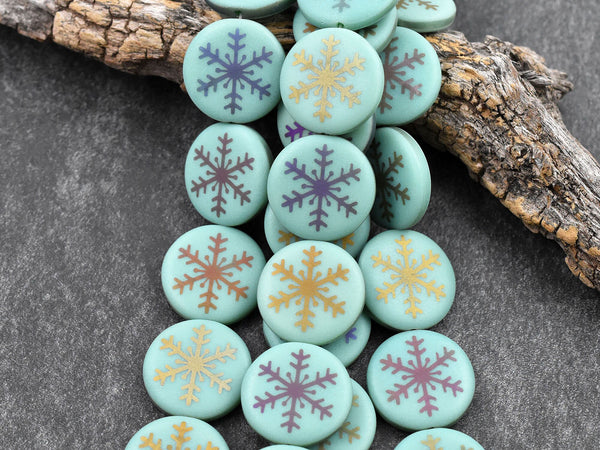 Czech Glass Beads - Snowflake Beads - Focal Beads - Laser Etched Beads - Coin Beads - 17mm - 8pcs - (B202)