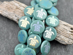 Czech Glass Beads - Turtle Beads - Focal Beads - Laser Etched Beads - Coin Beads - 17mm - 8pcs - (5689)