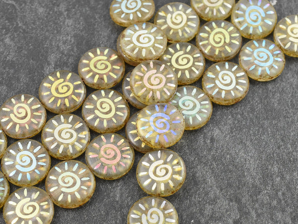 Picasso Beads - Czech Glass Beads - Sun Beads - Focal Beads - Laser Etched Beads - Coin Beads - 17mm - 8pcs - (580)
