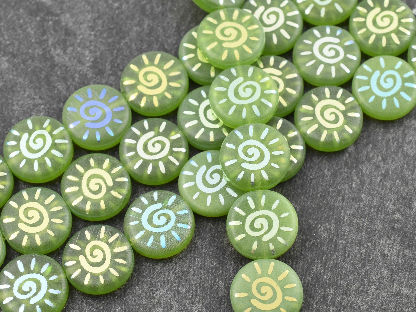 Czech Glass Beads - Sun Beads - Laser Etched Beads - Coin Beads - 14mm - 8pcs - (A526)