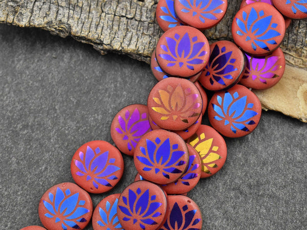 Czech Glass Beads - Lotus Flower Beads - Laser Etched Beads - Laser Tattoo Beads - 14mm - 8pcs - (5986)