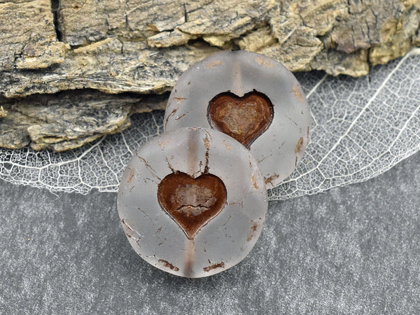 *2* 21mm Bronze Patina Washed Matte Crystal Heart Coin Beads Czech Glass Beads by GR8BEADS - The Bead Obsession
