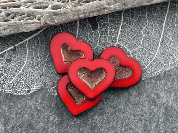 *4* 14x12mm Bronze Washed Opaque Red Heart Beads Czech Glass Beads by GR8BEADS - The Bead Obsession