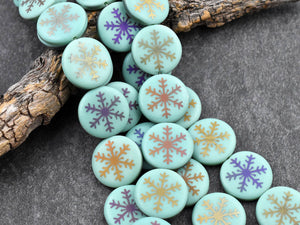 Czech Glass Beads - Snowflake Beads - Focal Beads - Laser Etched Beads - Coin Beads - 17mm - 8pcs - (B202)