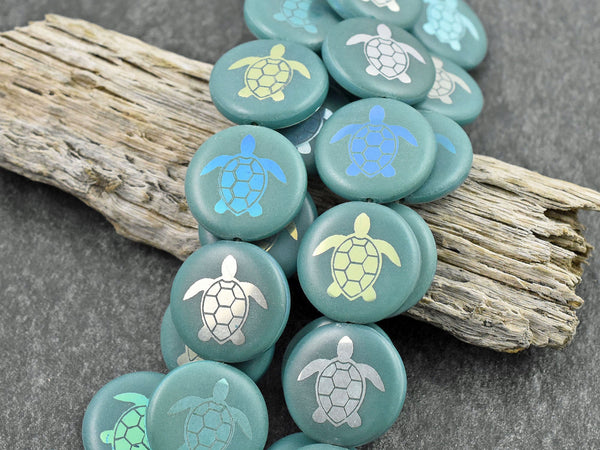 Czech Glass Beads - Turtle Beads - Focal Beads - Laser Etched Beads - Coin Beads - 17mm - 8pcs - (5689)