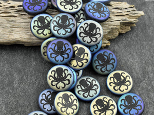 Czech Glass Beads - Octopus Beads - Laser Etched Beads - Laser Tattoo Beads - 16mm - 8pcs - (3950)