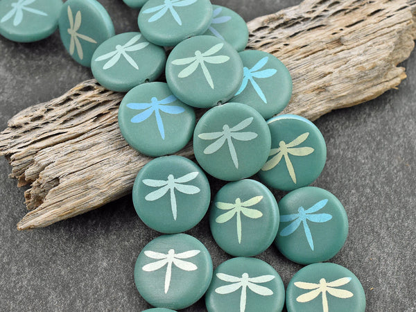 Czech Glass Beads - Dragonfly Beads - Animal Beads - Focal Beads - Laser Etched Beads - Coin Beads - 17mm - 8pcs - (A657)