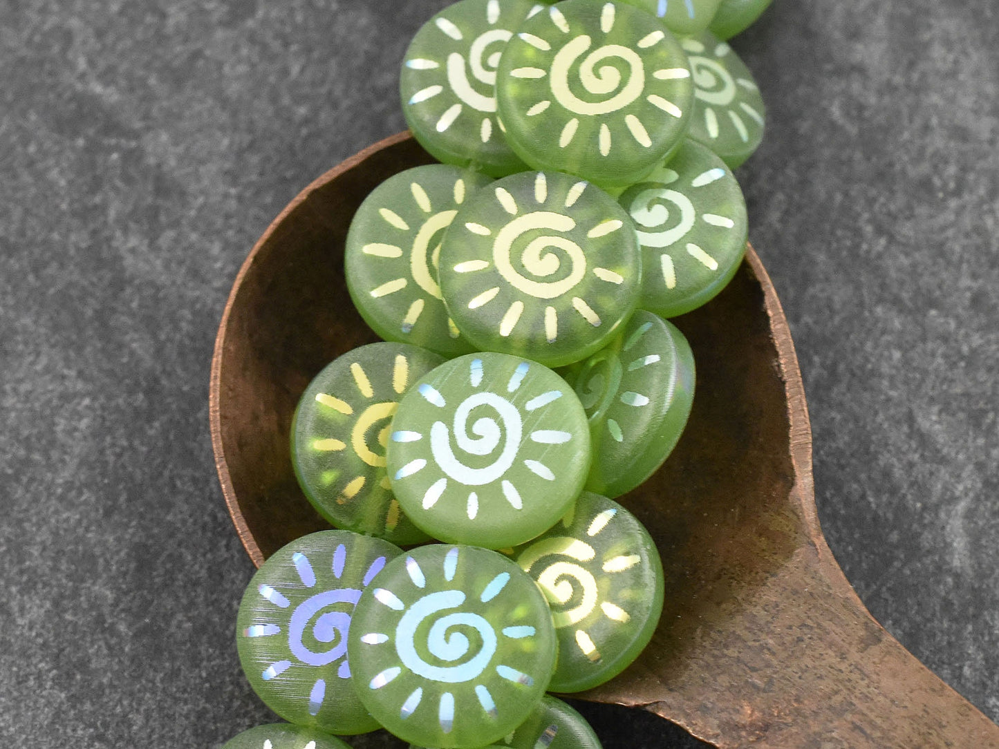 Czech Glass Beads - Sun Beads - Laser Etched Beads - Coin Beads - 14mm - 8pcs - (A526)