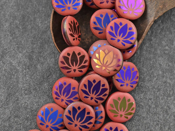 Czech Glass Beads - Lotus Flower Beads - Laser Etched Beads - Laser Tattoo Beads - 14mm - 8pcs - (5986)