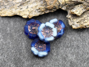 Czech Glass Beads - Hawaiian Flower Beads - Hibiscus Beads - Blue Flower Beads - 12pcs - 12mm - (3752)