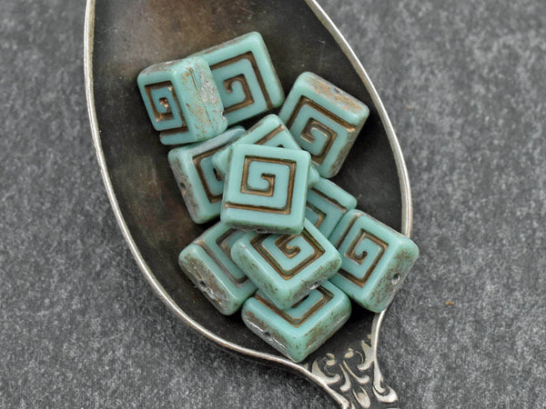 Czech Glass Beads - Greek Key Beads - Picasso Beads - Tile Beads - Square Beads - 9mm - 12pcs - (4827)