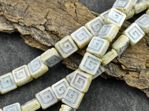 Czech Glass Beads - Greek Key Beads - Picasso Beads - Tile Beads - Square Beads - 9mm - 12pcs - (5101)
