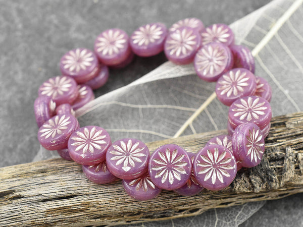 Pink Flower Beads - Czech Glass Beads - Coin Beads - Aster Flower - 12mm - 15pcs (3092)