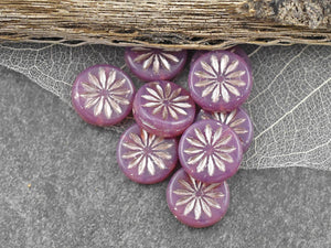 Pink Flower Beads - Czech Glass Beads - Coin Beads - Aster Flower - 12mm - 15pcs (3092)