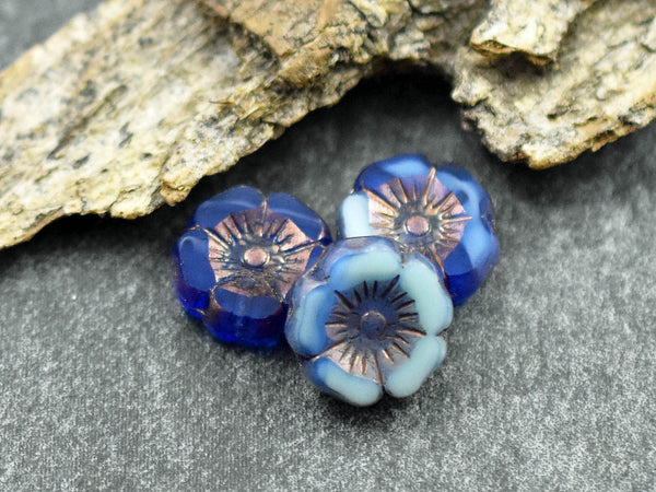 Czech Glass Beads - Hawaiian Flower Beads - Hibiscus Beads - Blue Flower Beads - 12pcs - 12mm - (3752)